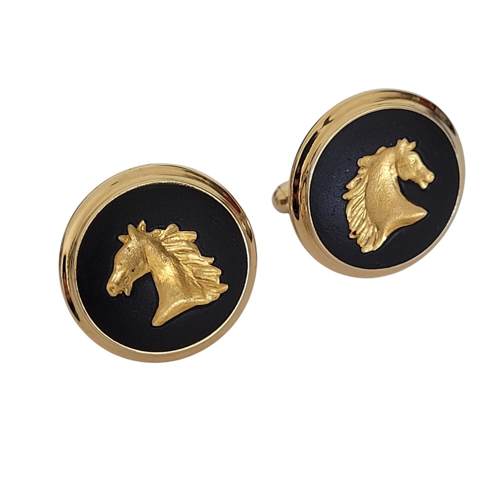 Wedgwood England Black Jasperware Gold Horse Head Cufflinks Equestrian Vintage